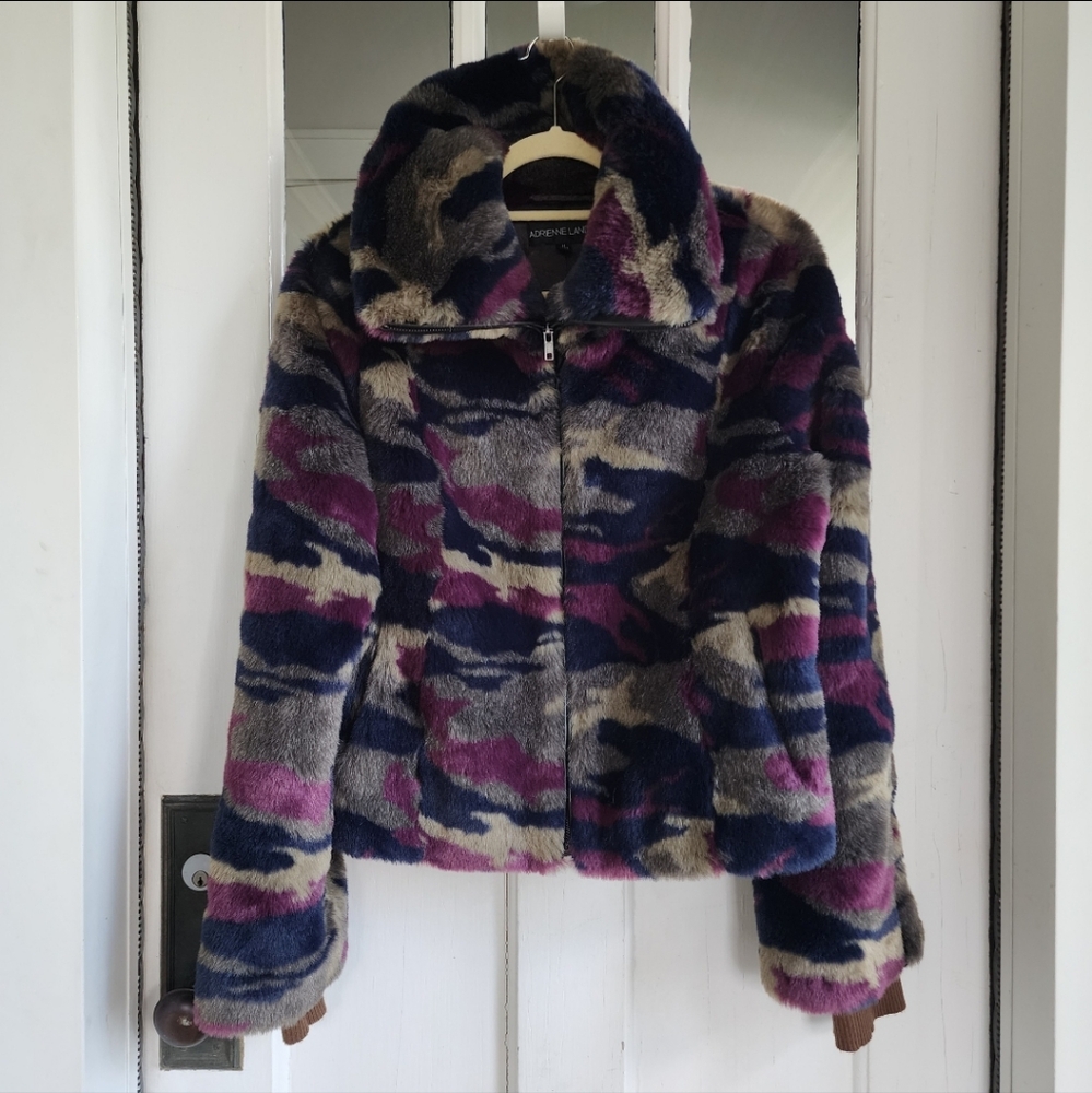 Adrienne Landau Colorful Camouflage Faux Fur Jacket